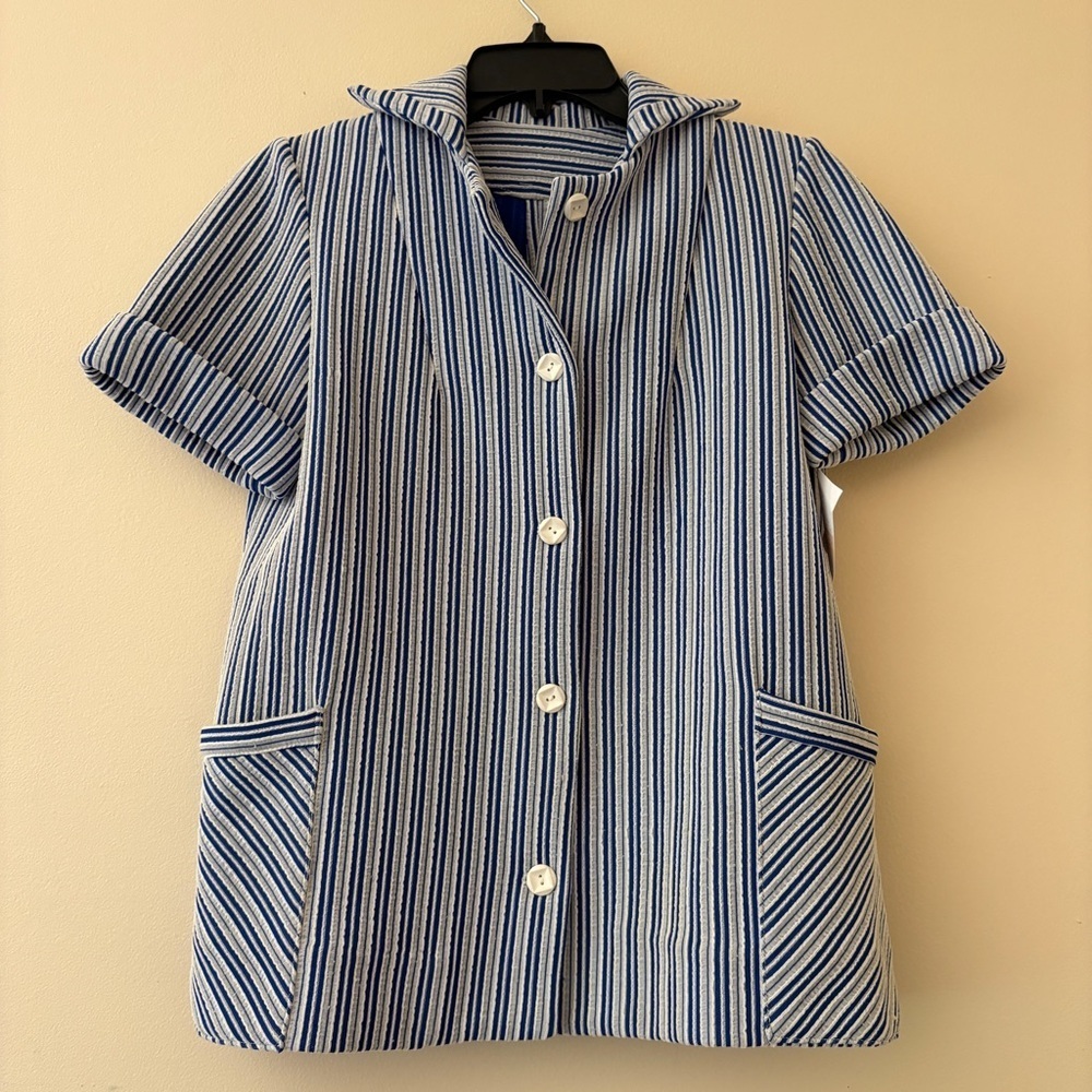 Vintage Handmade Blue White Striped Button Front Smock Top Fits M L